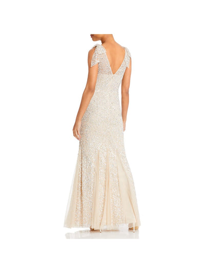 AIDAN MATTOX Womens Beige Beaded Sequined Double V-neck With Bows Sleeveless Full-Length Formal Gown Dress 4