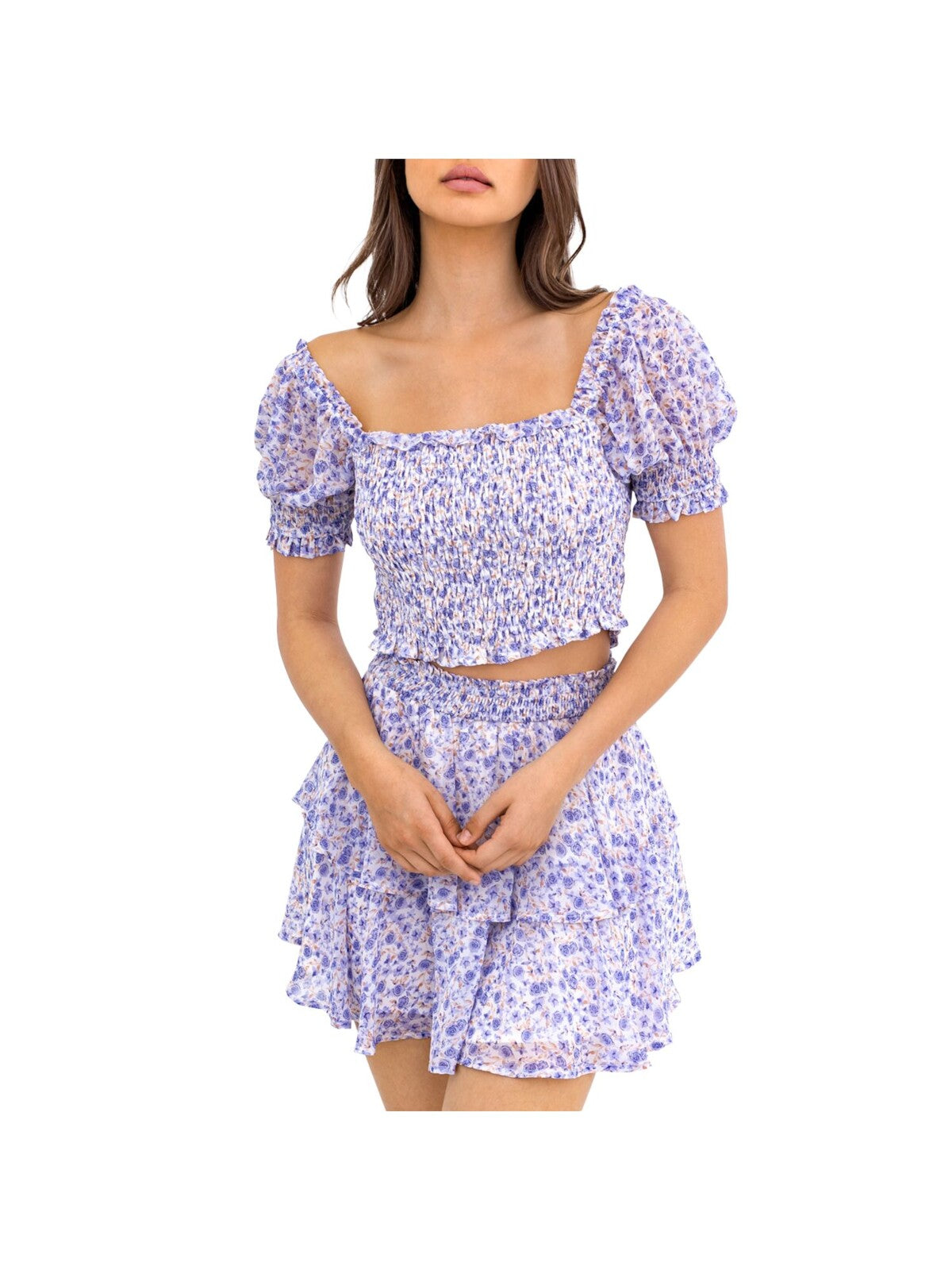 LELIS COLLECTION Womens Blue Stretch Smocked Floral Pouf Sleeve Square Neck Crop Top M