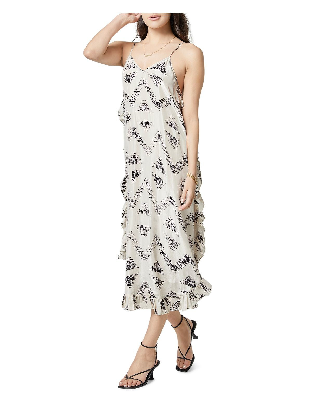 JOIE Womens Beige Ruffled Printed Spaghetti Strap V Neck Midi Evening Shift Dress L