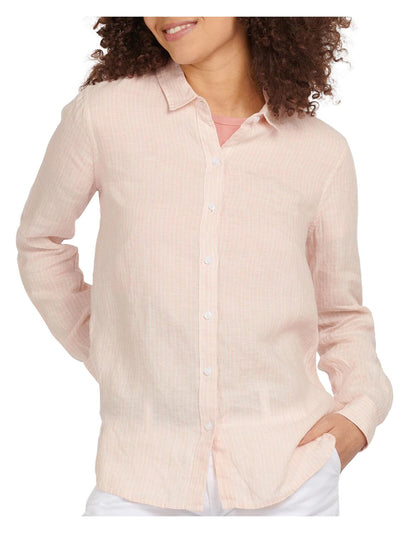 BARBOUR Womens Pink Pleated Pinstripe Roll-tab Sleeve Point Collar Button Up Top 10