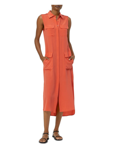 EQUIPMENT FEMME Womens Orange Pocketed Slitted Shoulder Epaulettes Step Hem Short Sleeve Collared Tea-Length Shirt Dress XS