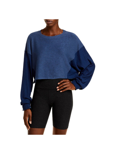 FP MOVEMENT Womens Navy Stretch Color Block Long Sleeve Jewel Neck Crop Top S
