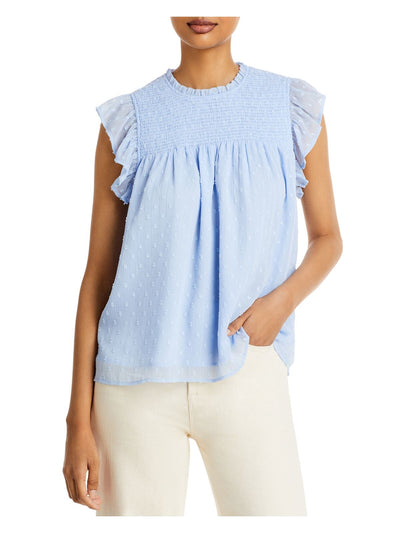 AQUA Womens Light Blue Zippered Smocked Ruffled Lined Flutter Sleeve Crew Neck Top S