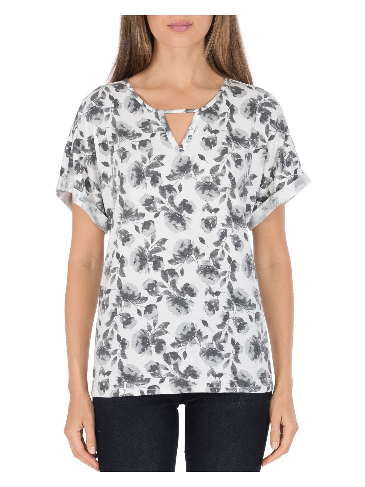 B COLLECTION Womens Gray Stretch Floral Keyhole Top S