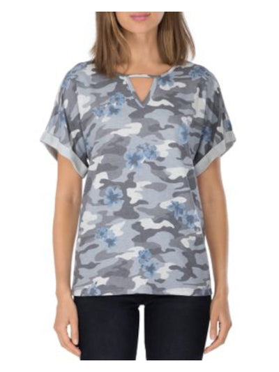 BOBEAU Womens Gray Stretch Camouflage Short Sleeve Keyhole T-Shirt XS