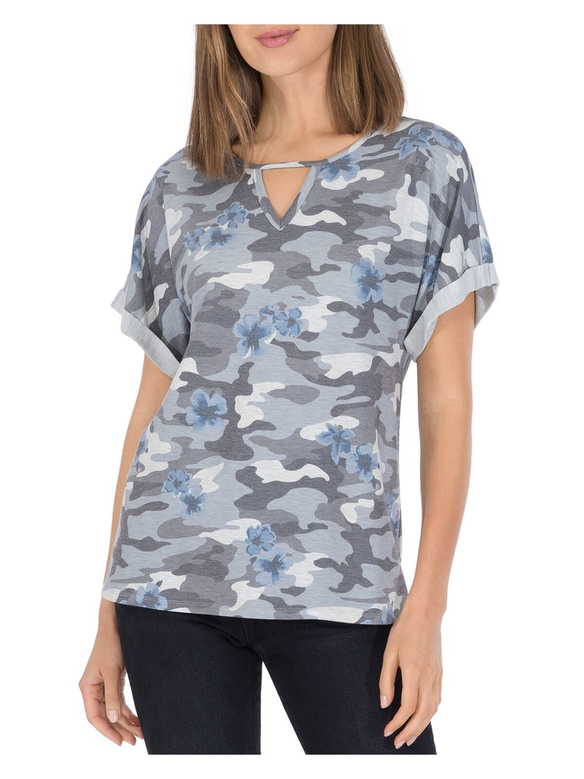 BOBEAU Womens Gray Stretch Camouflage Short Sleeve Keyhole T-Shirt XS