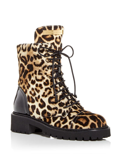 GIUSEPPE ZANOTTI Womens Brown Leopard Print Lace Up Metallic Logo Padded Round Toe Block Heel Zip-Up Combat Boots 36