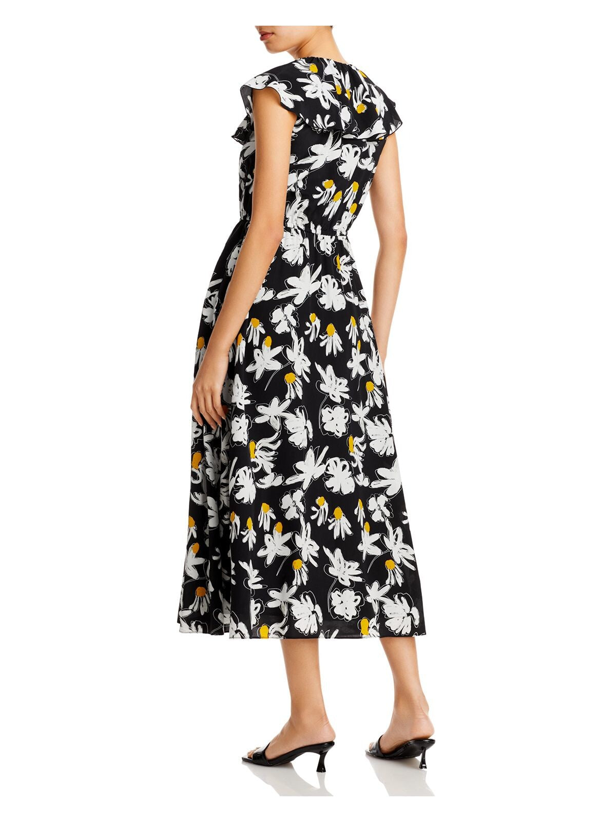 JASON WU Womens Black Ruffled Sheer Lined Pullover Tie Floral Sleeveless V Neck Tea-Length Fit + Flare Dress 10