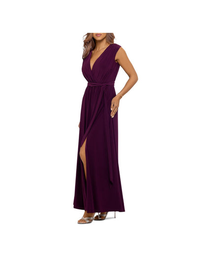 AQUA FORMAL Womens Burgundy Stretch Pleated Low Cut Self-tie Belt High Slit Sleeveless Surplice Neckline Full-Length Formal Gown Dress 6