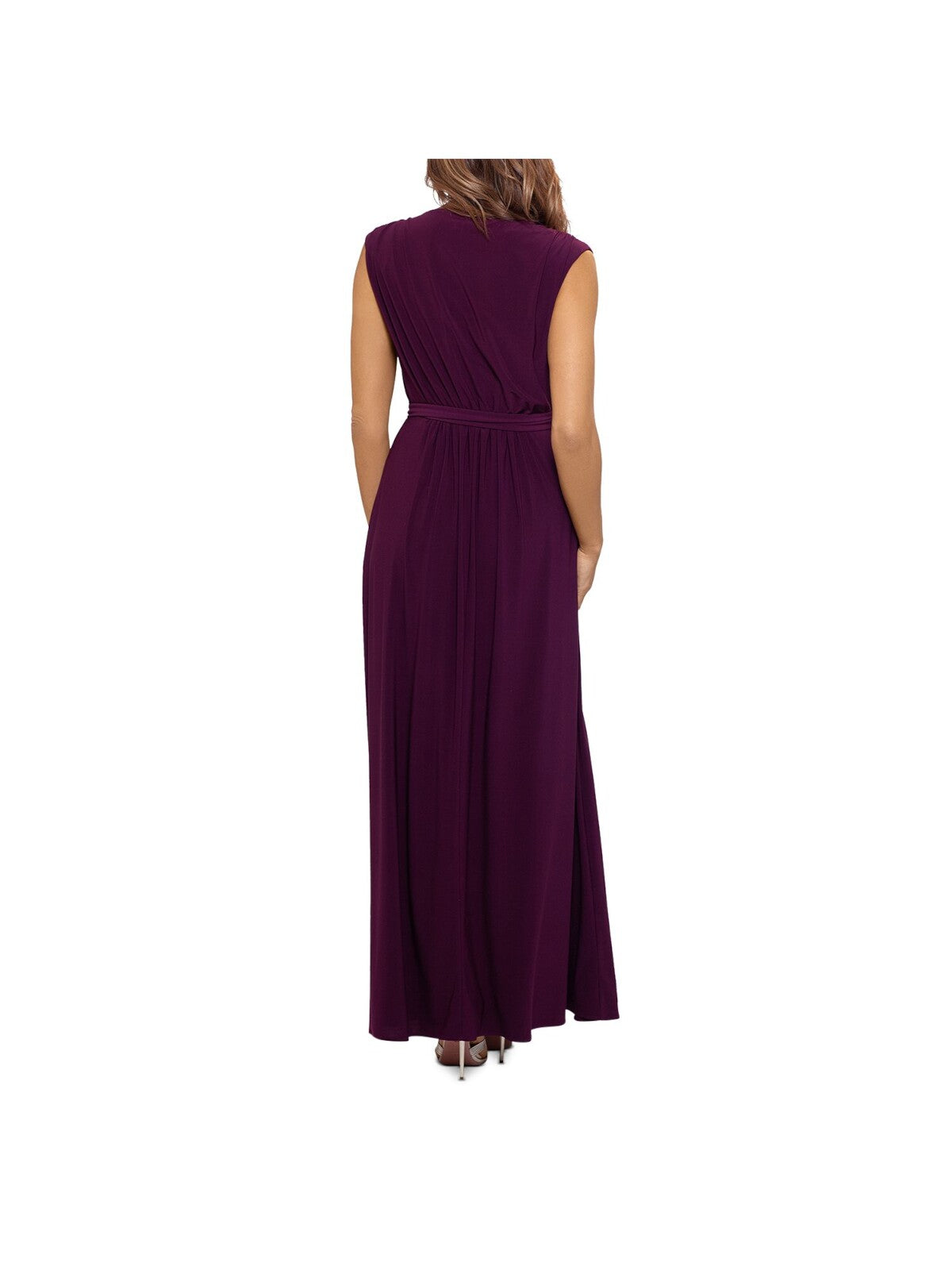 AQUA Womens Burgundy Stretch Pleated Low Cut Self-tie Belt High Slit Sleeveless Surplice Neckline Full-Length Formal Gown Dress 6