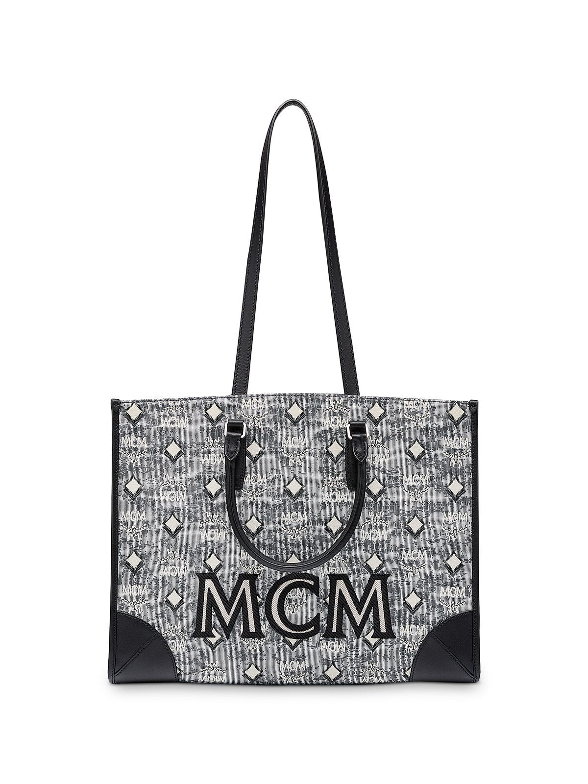 MCM Women's Gray Feet Logo Top Handle 12In Removable Pouch Jacquard Double Flat Strap Tote Handbag Purse