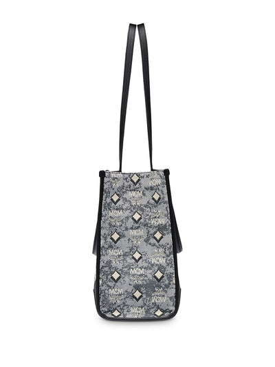 MCM Women's Gray Feet Logo Top Handle 12In Removable Pouch Jacquard Double Flat Strap Tote Handbag Purse