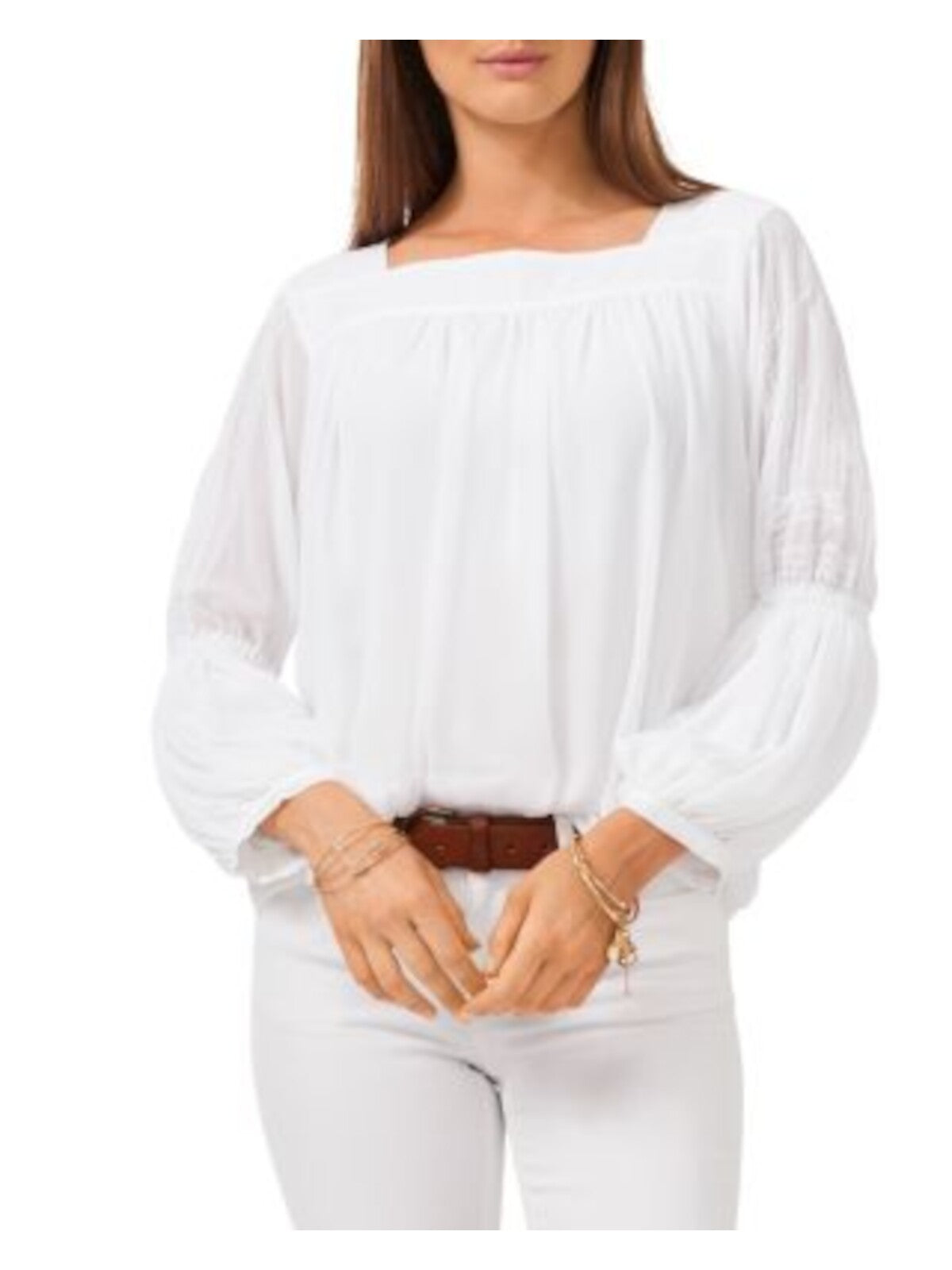 VINCE CAMUTO Womens Ivory Pleated Lined Long Sleeve Square Neck Blouse M