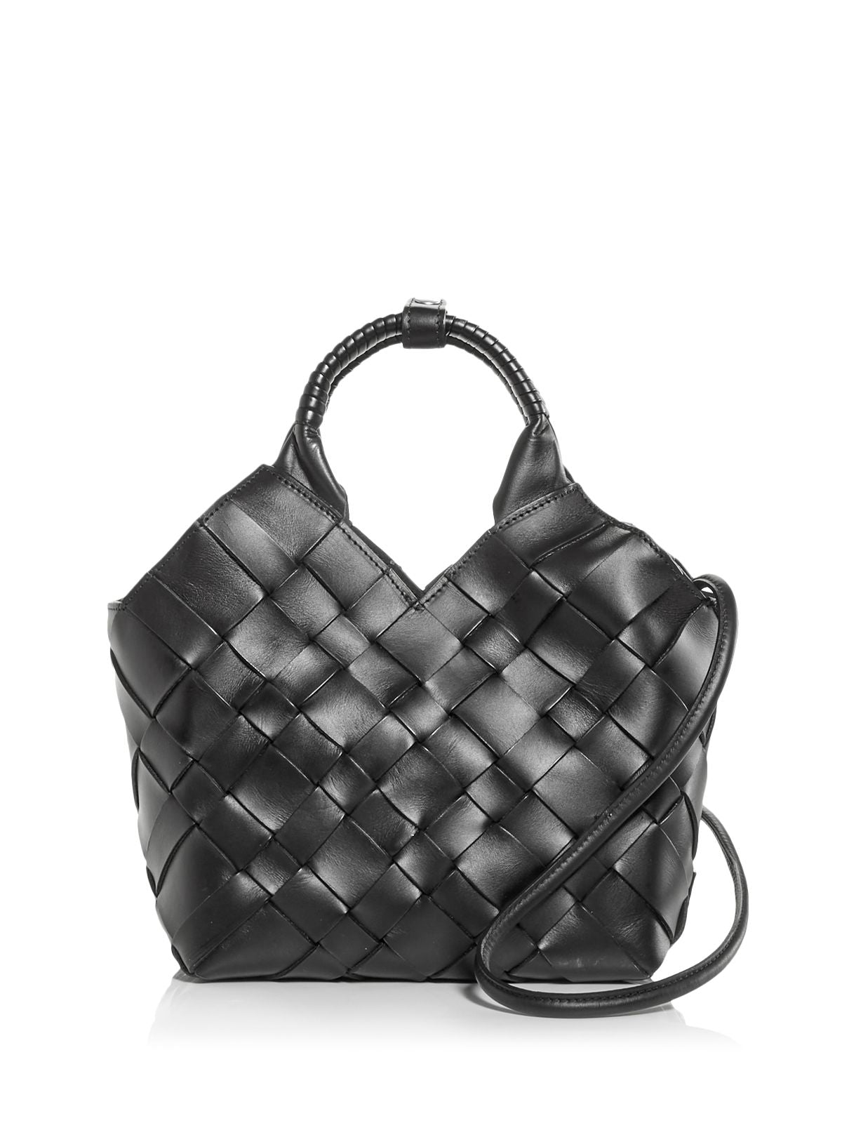 CALAJADE Women's Black Solid Leather Top Handle 10In Removable Interior Drawstring Bag Woven Single Strap Shoulder Bag