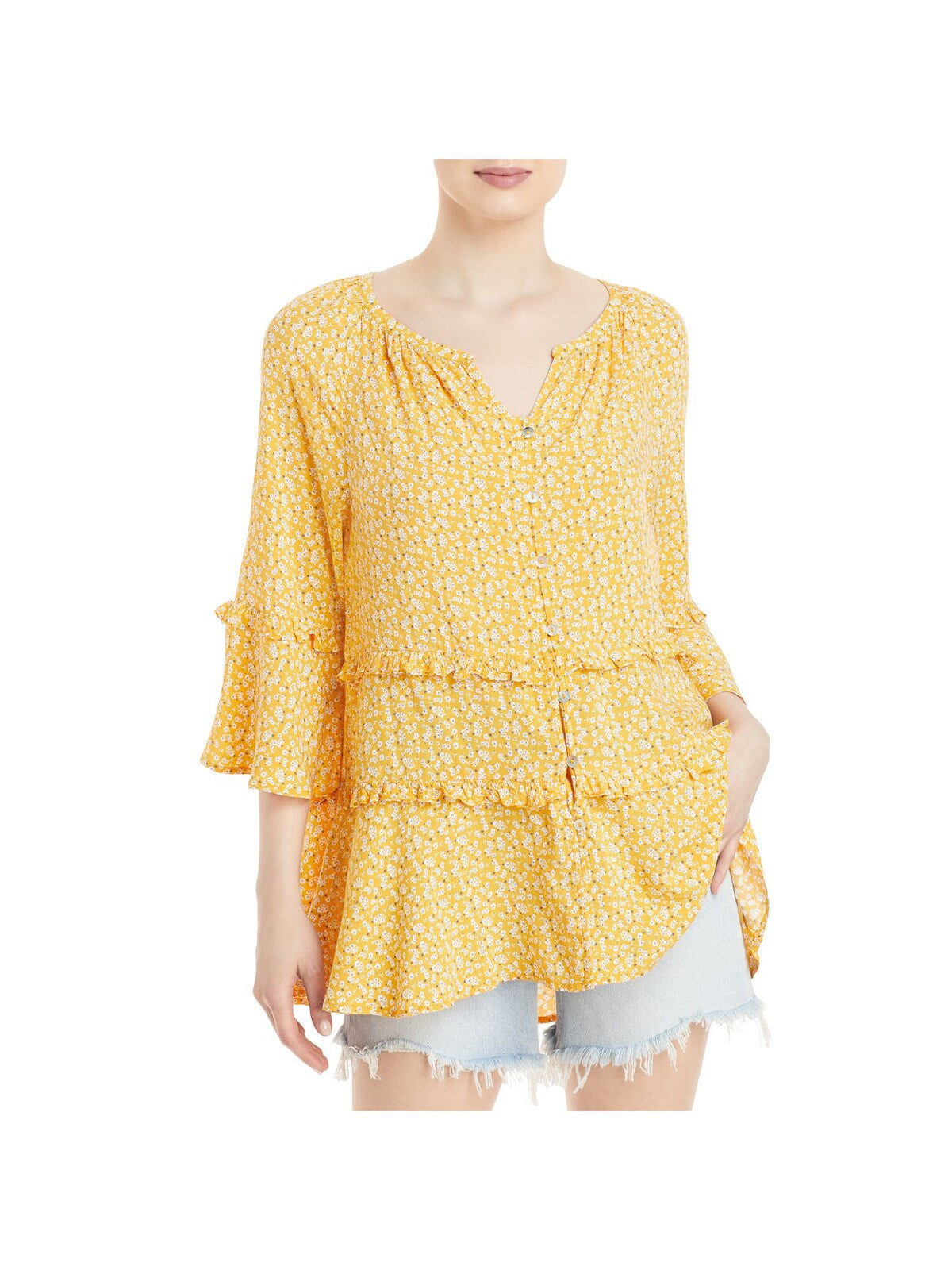 BEACHLUNCHLOUNGE COLLECTION Womens Yellow Ruffled Tiered Floral Split Button Up Top XS