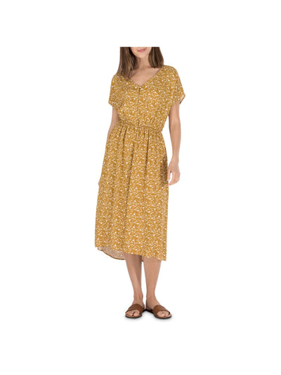 B COLLECTION Womens Yellow Printed Short Sleeve Split Midi Fit + Flare Dress XL