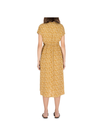 COLLECTION BY BOBEAU Womens Yellow Printed Short Sleeve V Neck Midi Fit + Flare Dress L