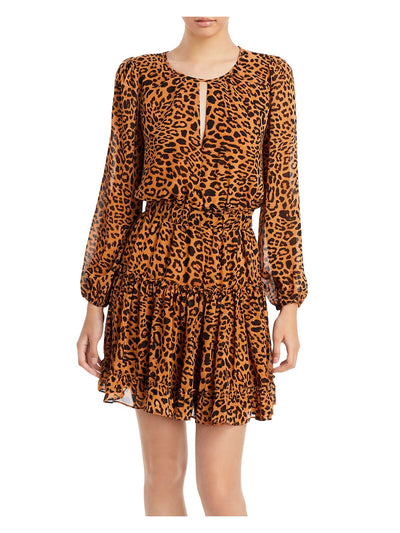 AQUA Womens Brown Ruffled Cut Out Sheer Lined Animal Print Long Sleeve Round Neck Short Party Fit + Flare Dress XS