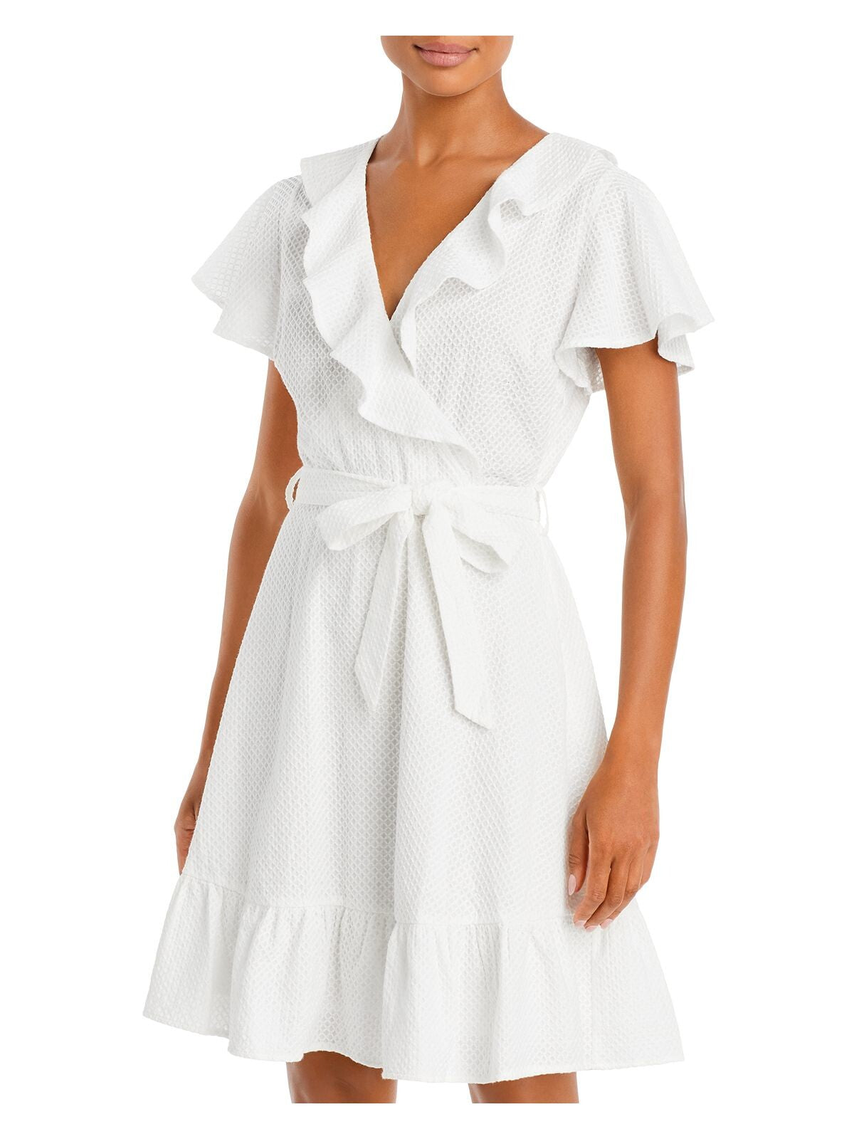 LUCY PARIS Womens White Knit Ruffled Belted Textured Lined Flutter Sleeve Surplice Neckline Short Fit + Flare Dress L
