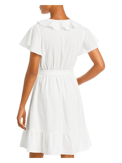 LUCY PARIS Womens White Knit Ruffled Belted Textured Lined Flutter Sleeve Surplice Neckline Short Fit + Flare Dress L