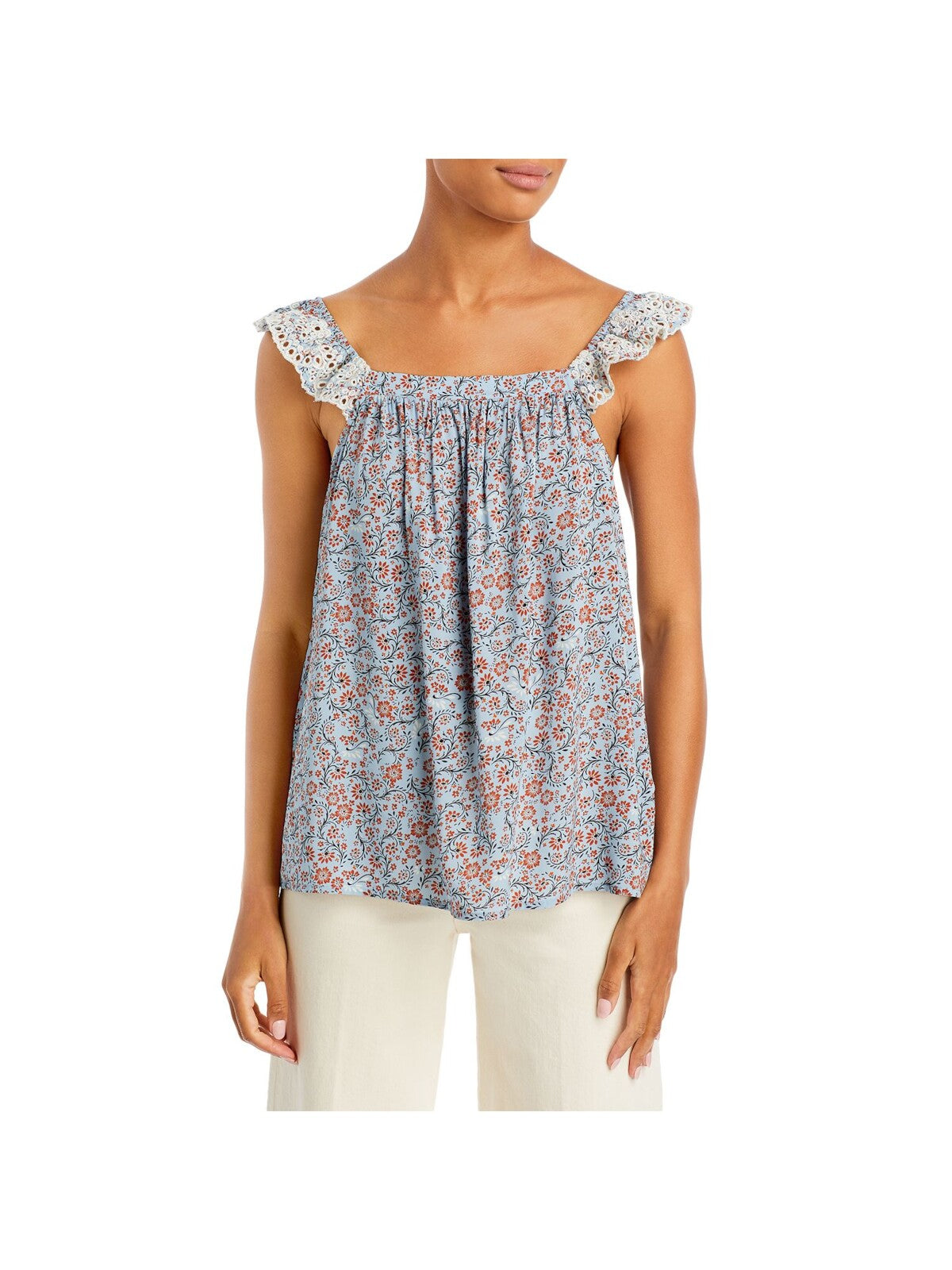 FEVER Womens Blue Embroidered Ruffled Pleated Floral Sleeveless Square Neck Tank Top L