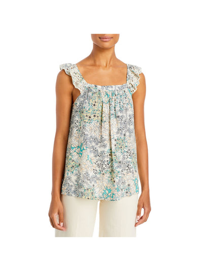 FEVER Womens Ivory Embroidered Ruffled Pleated Floral Sleeveless Square Neck Tank Top S