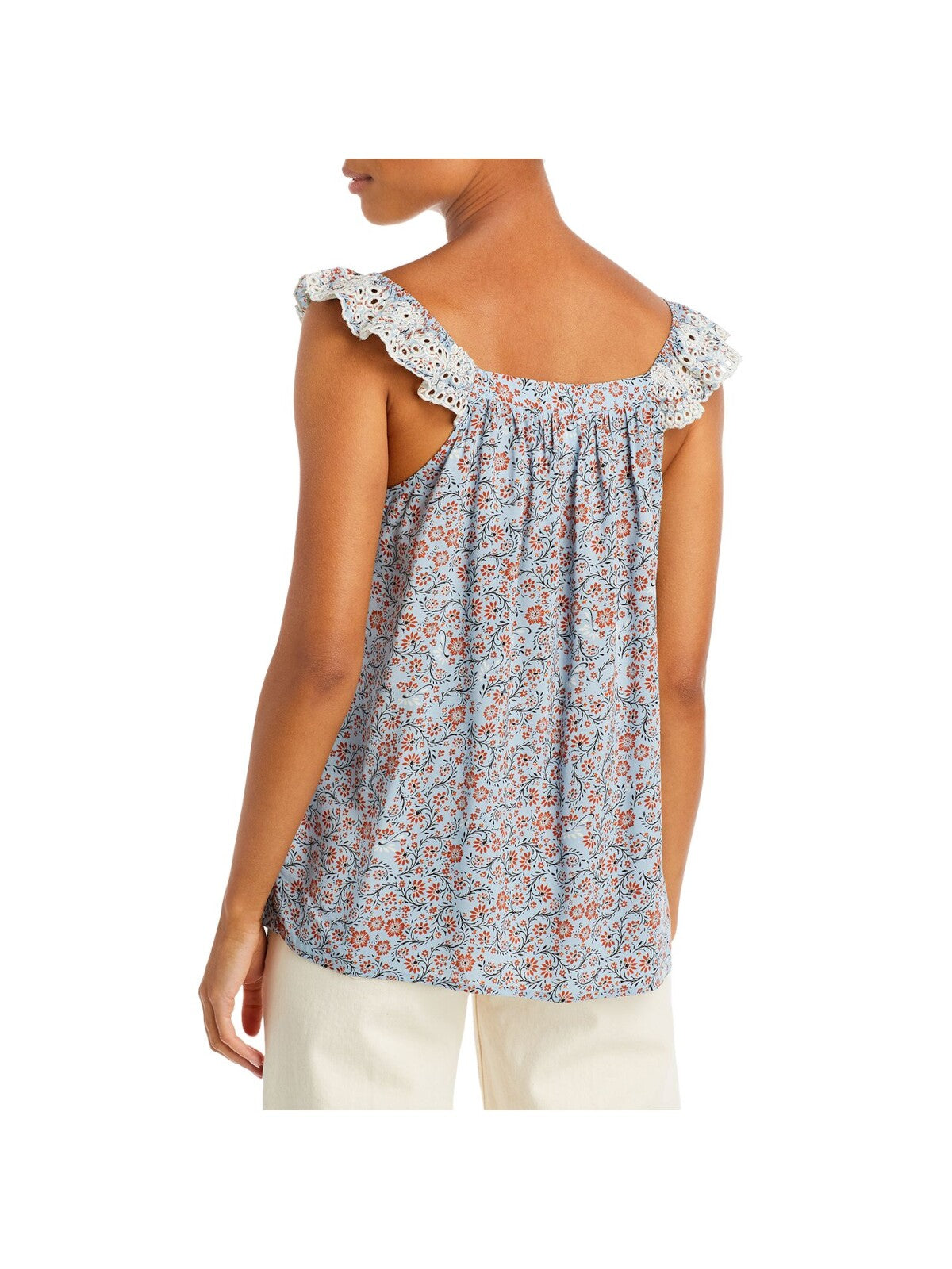 FEVER Womens Blue Embroidered Ruffled Pleated Floral Sleeveless Square Neck Tank Top L
