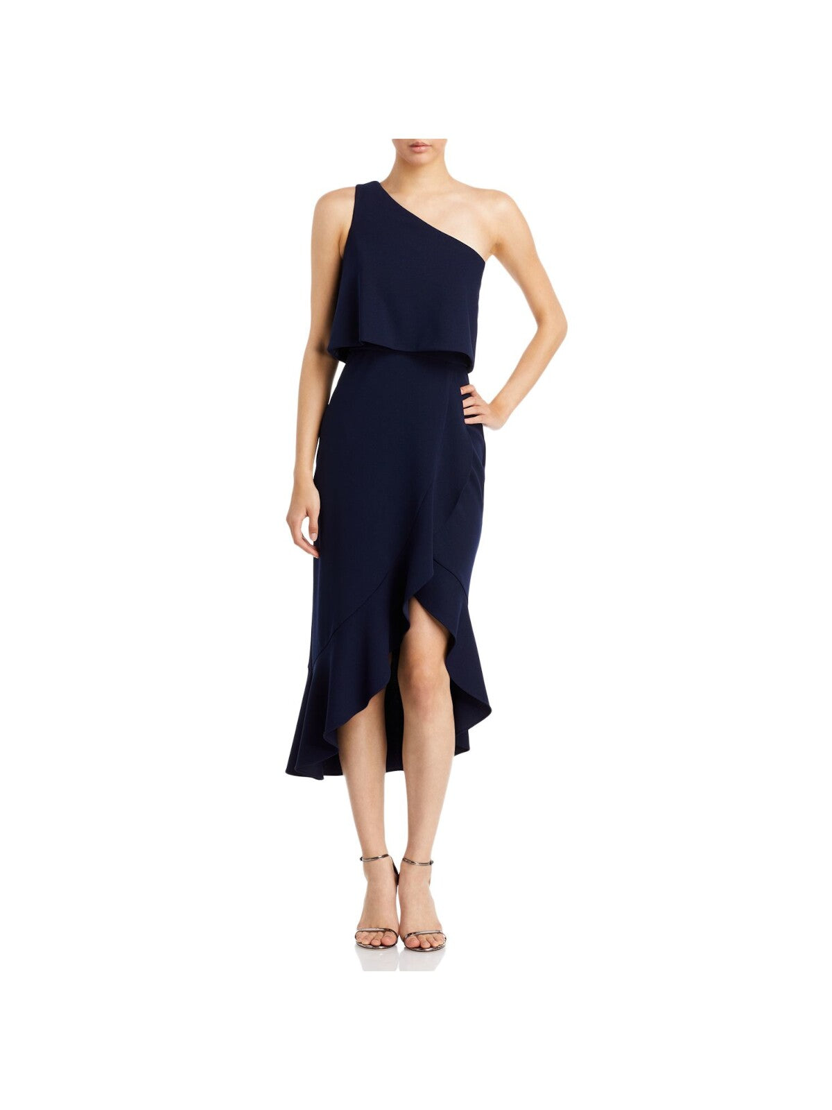 AQUA Womens Navy Stretch Zippered Ruffled Popover Lined Sleeveless Asymmetrical Neckline Midi Cocktail Sheath Dress 4