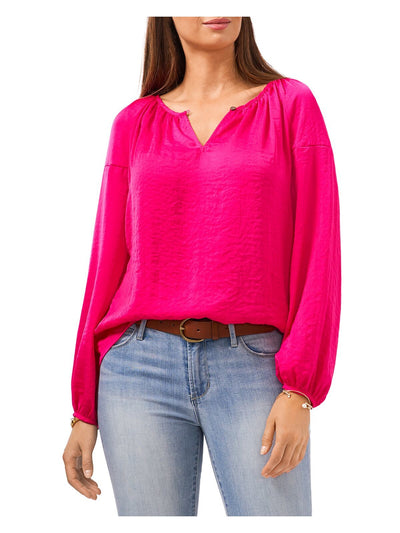 VINCE CAMUTO Womens Pink Gathered Curved Hem Long Sleeve Keyhole Wear To Work Peasant Top XS