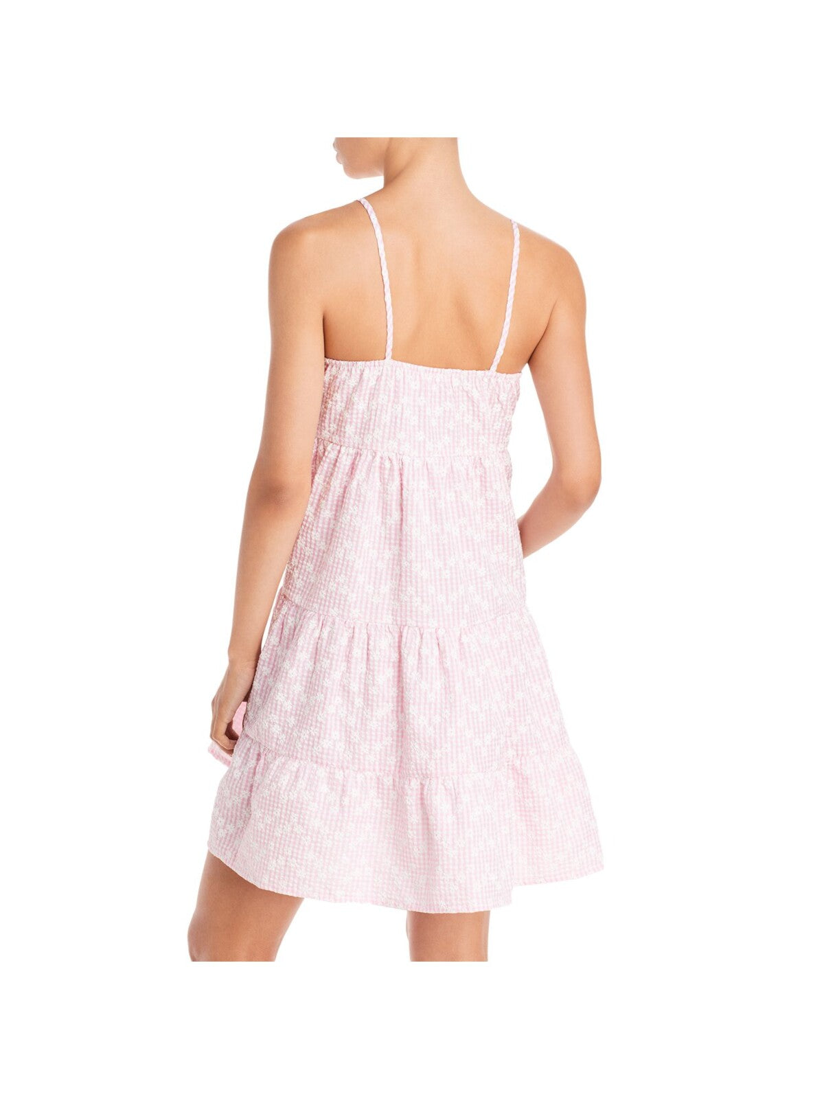 AVA & ESME Womens Pink Embroidered Tiered Skirt Seersucker Spaghetti Strap Sweetheart Neckline Short Fit + Flare Dress S