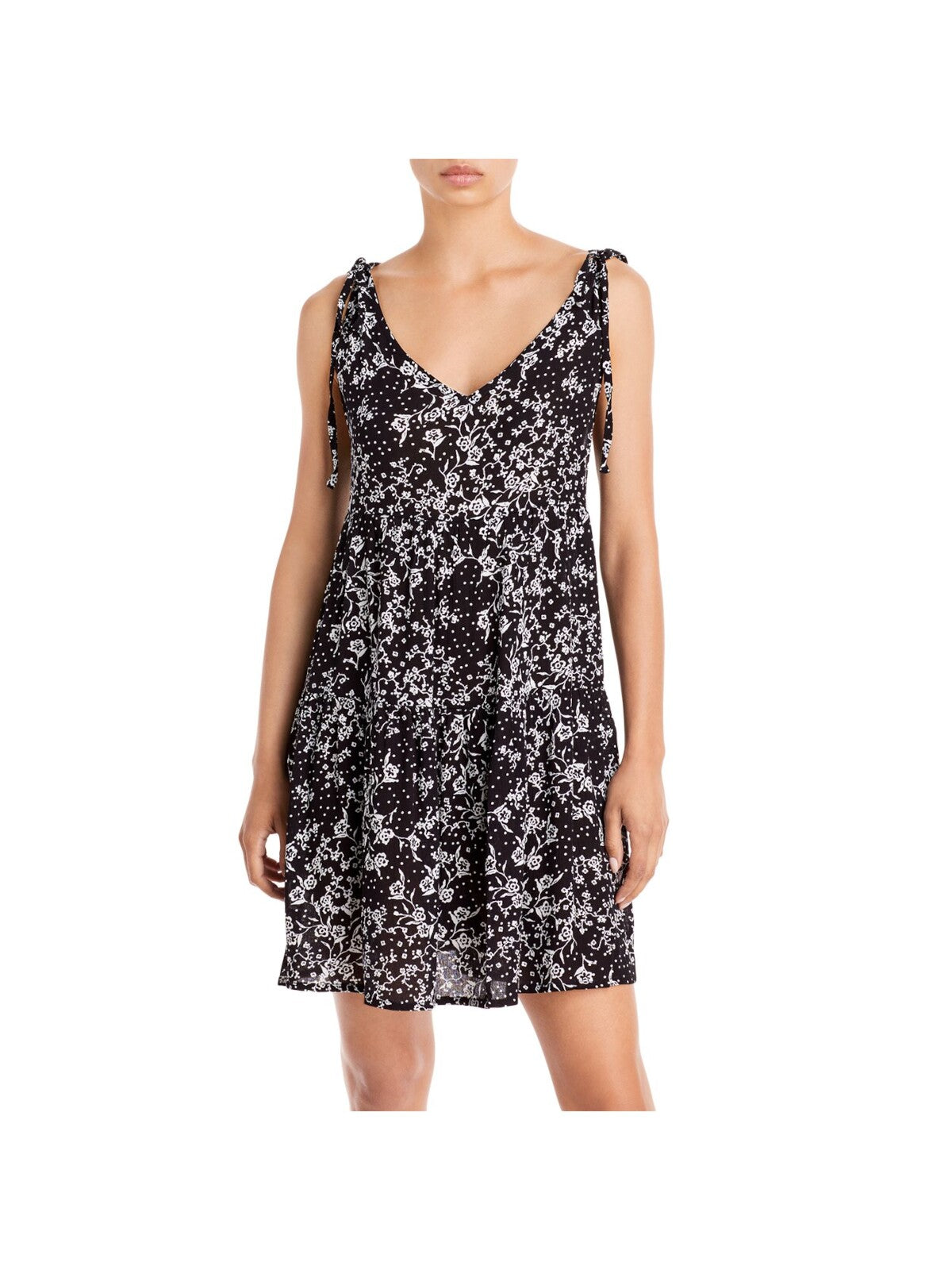 AVA & ESME Womens Black Tie Sheer Lined Floral Sleeveless V Neck Short Baby Doll Dress XS