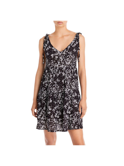 AVA & ESME Womens Black Tie Sheer Lined Floral Sleeveless V Neck Short Baby Doll Dress XS