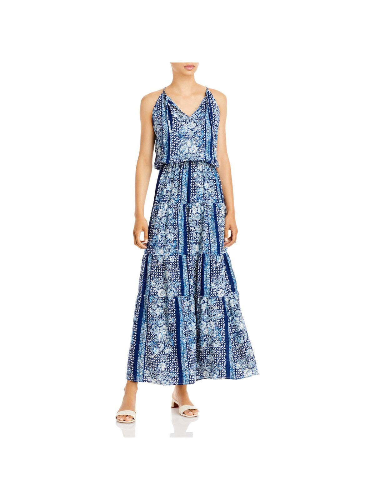 AVA & ESME Womens Blue Printed Spaghetti Strap V Neck Maxi Fit + Flare Dress S