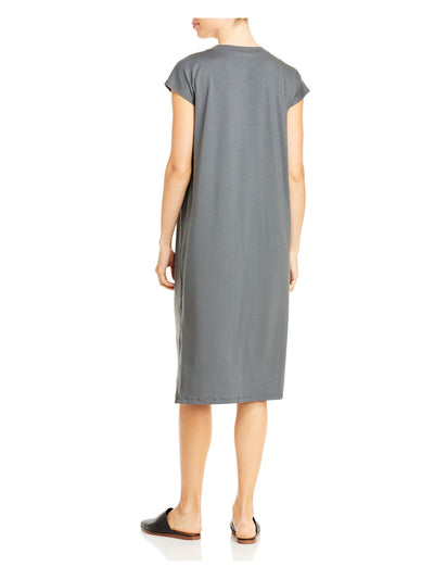 EILEEN FISHER Womens Gray Stretch Cap Sleeve Crew Neck Mini Shift Dress L