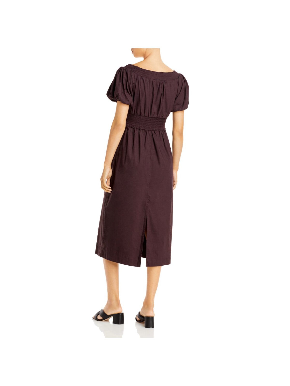 A.L.C. Womens Brown Smocked Pleated Pouf Sleeve Scoop Neck Midi Fit + Flare Dress 4