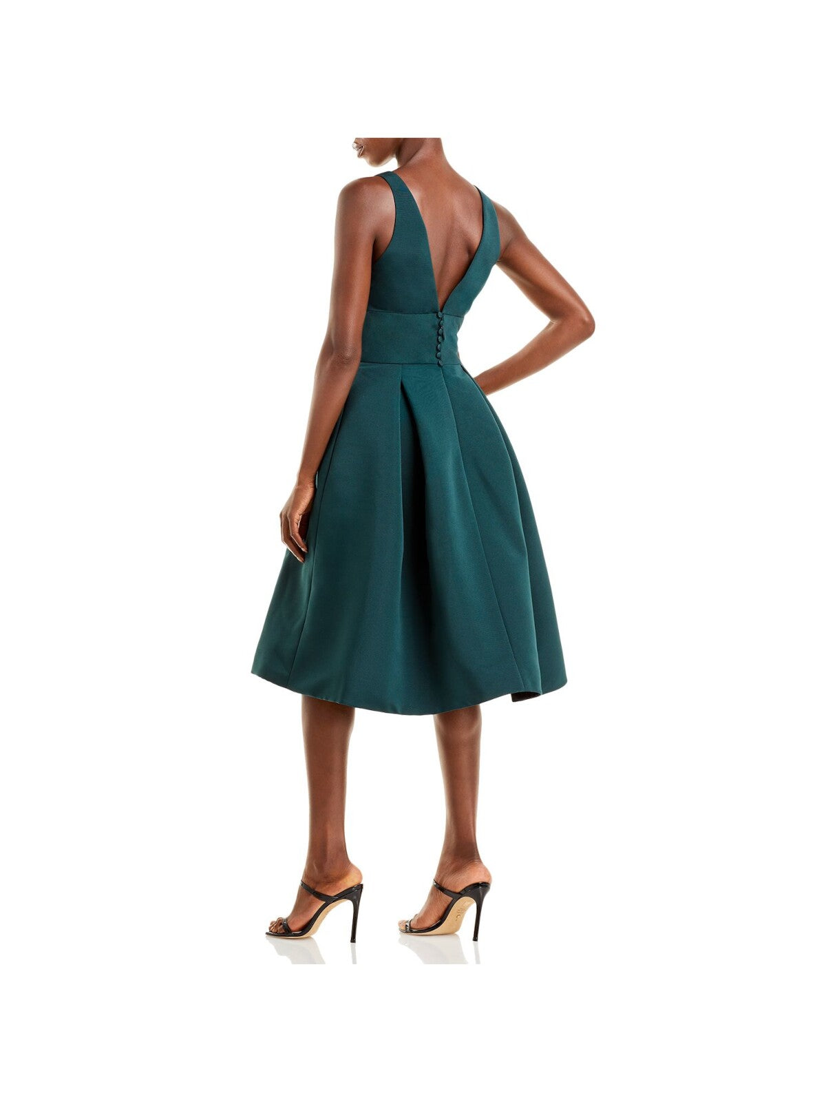 AMSALE Womens Green Zippered Textured Button Detail Pleated Pocketed Sleeveless V Neck Below The Knee Evening Fit + Flare Dress 0