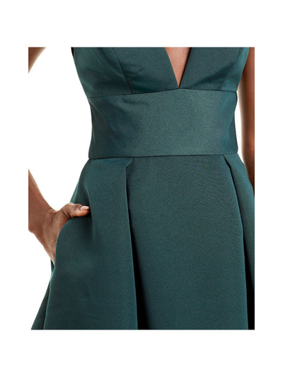 AMSALE Womens Green Zippered Textured Button Detail Pleated Pocketed Sleeveless V Neck Below The Knee Evening Fit + Flare Dress 0