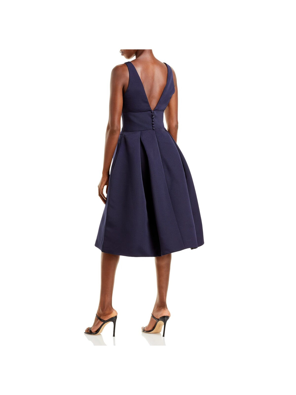 AMSALE Womens Zippered Textured Button Detail Pleated Pocketed Sleeveless V Neck Below The Knee Evening Fit + Flare Dress