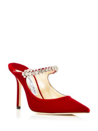 JIMMY CHOO Womens Red Padded Embellished Ankle Strap Bing 100 Pointed Toe Stiletto Slip On Dress Heeled Mules Shoes 38.5