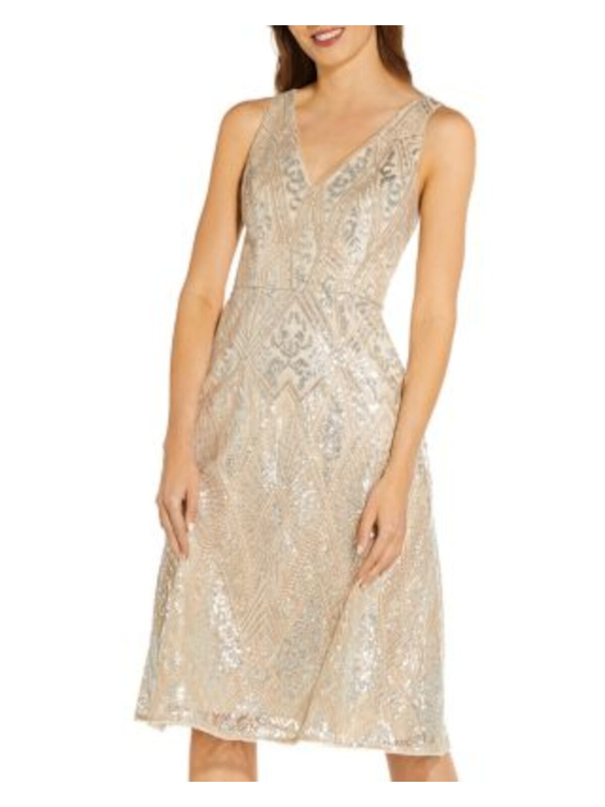 ADRIANNA PAPELL Womens Sequined Zippered Embroidered Lined Sleeveless V Neck Below The Knee Cocktail Fit + Flare Dress