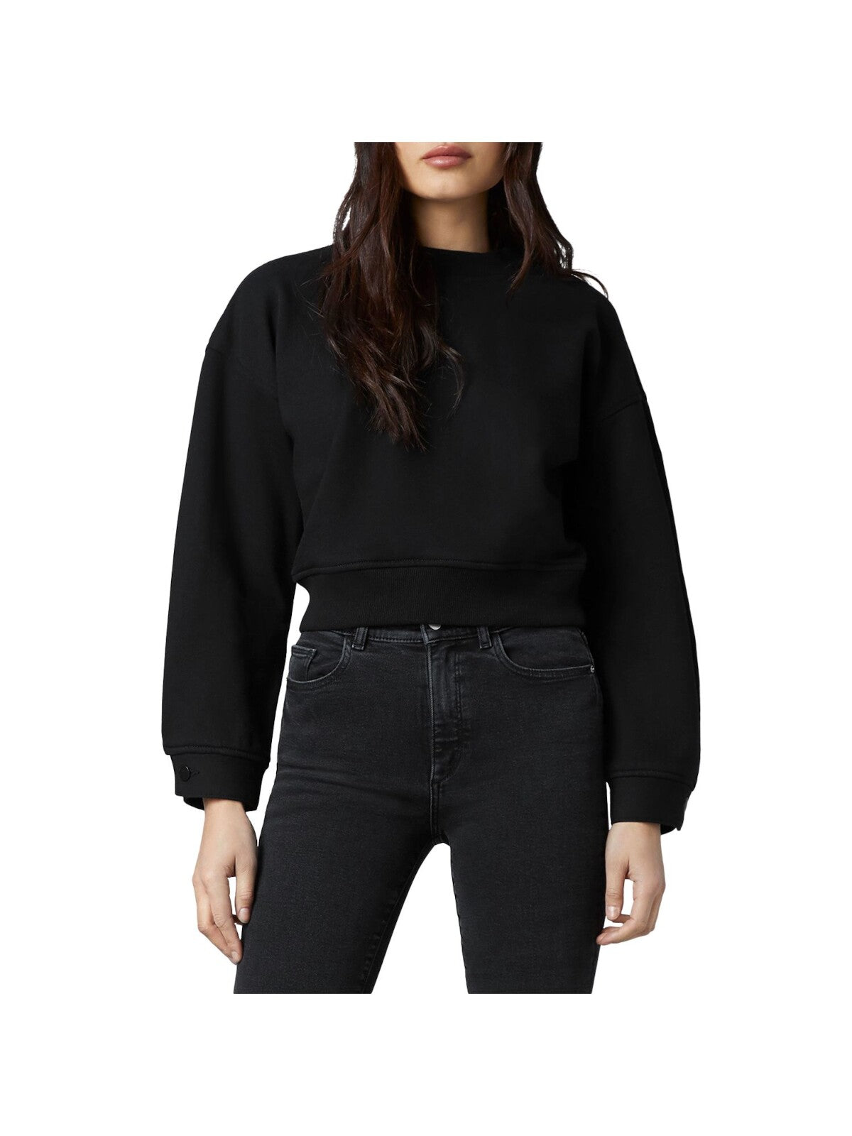 DL1961 Womens Black Stretch Short Length Button Cuff Ribbed Neck And Hem Long Sleeve Crew Neck Sweatshirt L