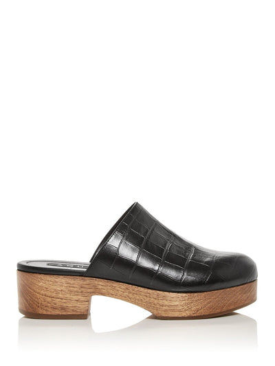 AQUA Womens Black Crocodile Comfort Round Toe Block Heel Slip On Leather Clogs Shoes 6 B