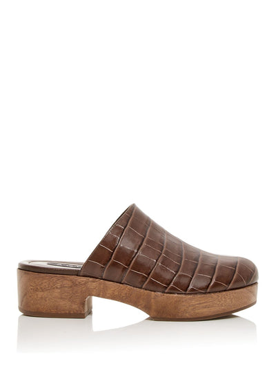AQUA Womens Brown Crocodile Comfort Round Toe Block Heel Slip On Leather Clogs Shoes 6.5
