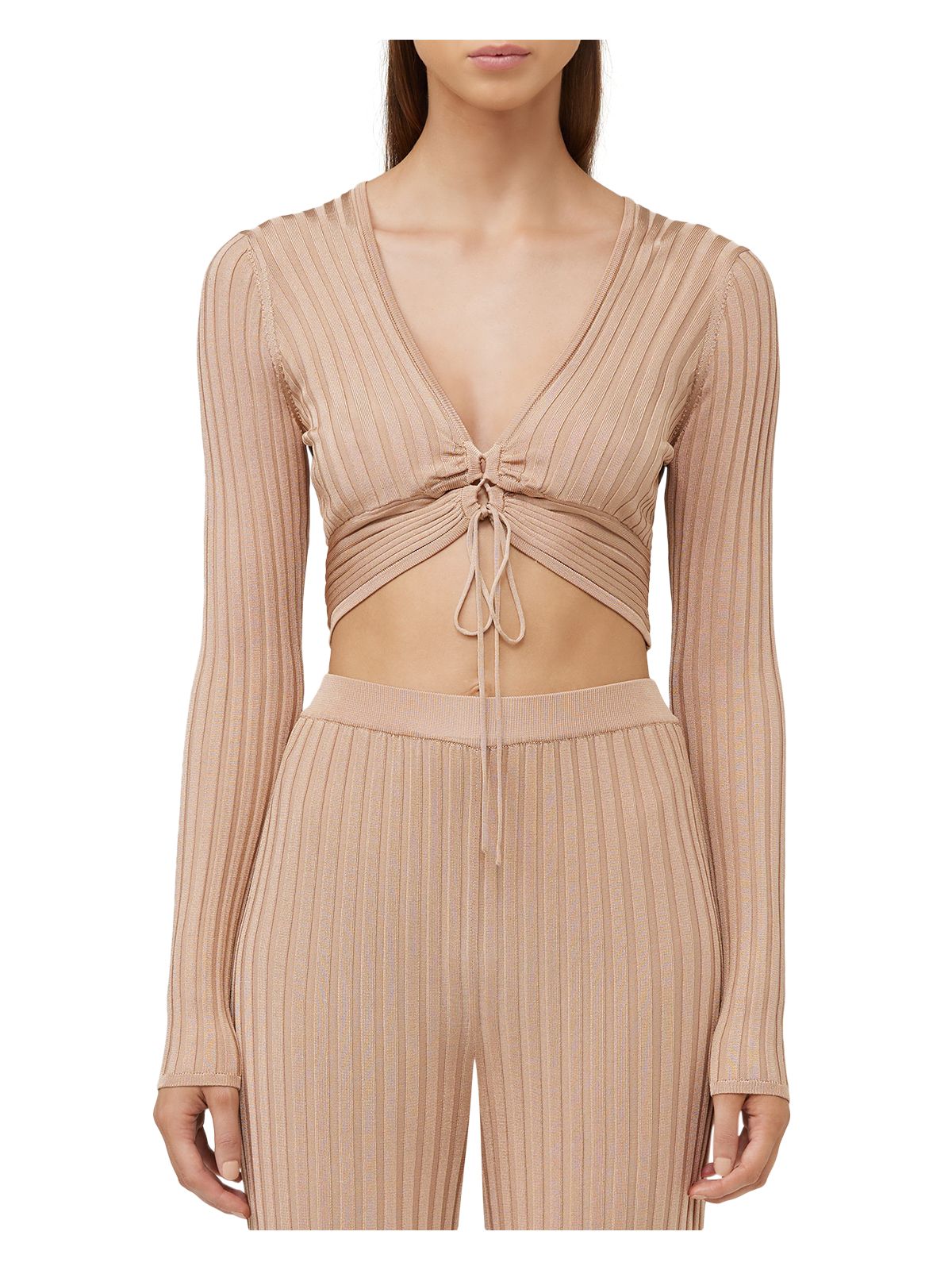 SIGNIFICANT OTHER Womens Beige Zippered Center Tie Long Sleeve Surplice Neckline Crop Top 6