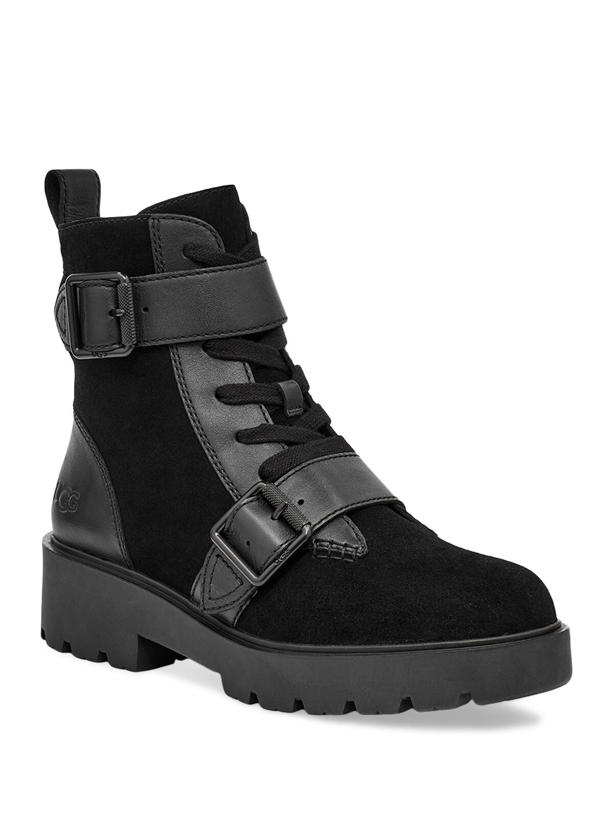 UGG Womens Black Mixed Media Buckled Straps Lace Up Front Padded Waterproof Zorrah Round Toe Wedge Zip-Up Leather Booties 5