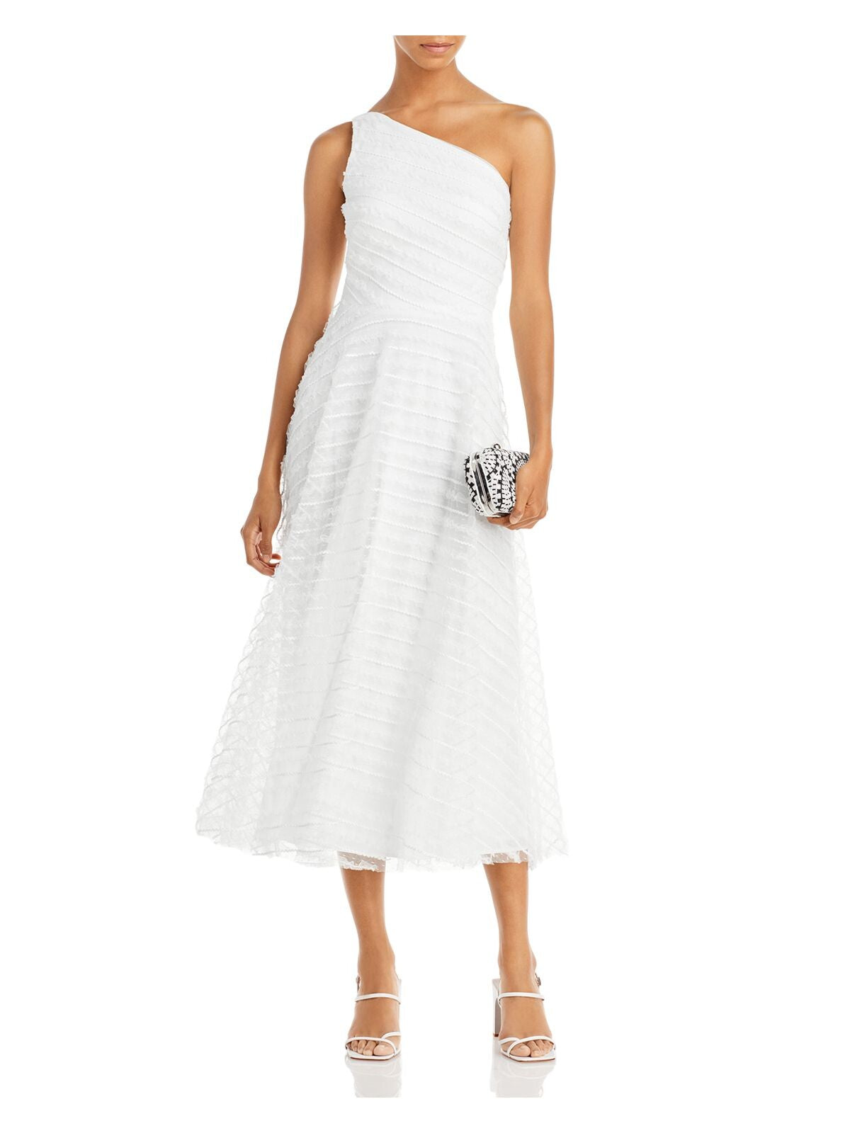 AQUA FORMAL Womens White Zippered Textured Mesh Overlay Lined Sleeveless Asymmetrical Neckline Midi Evening Fit + Flare Dress 4