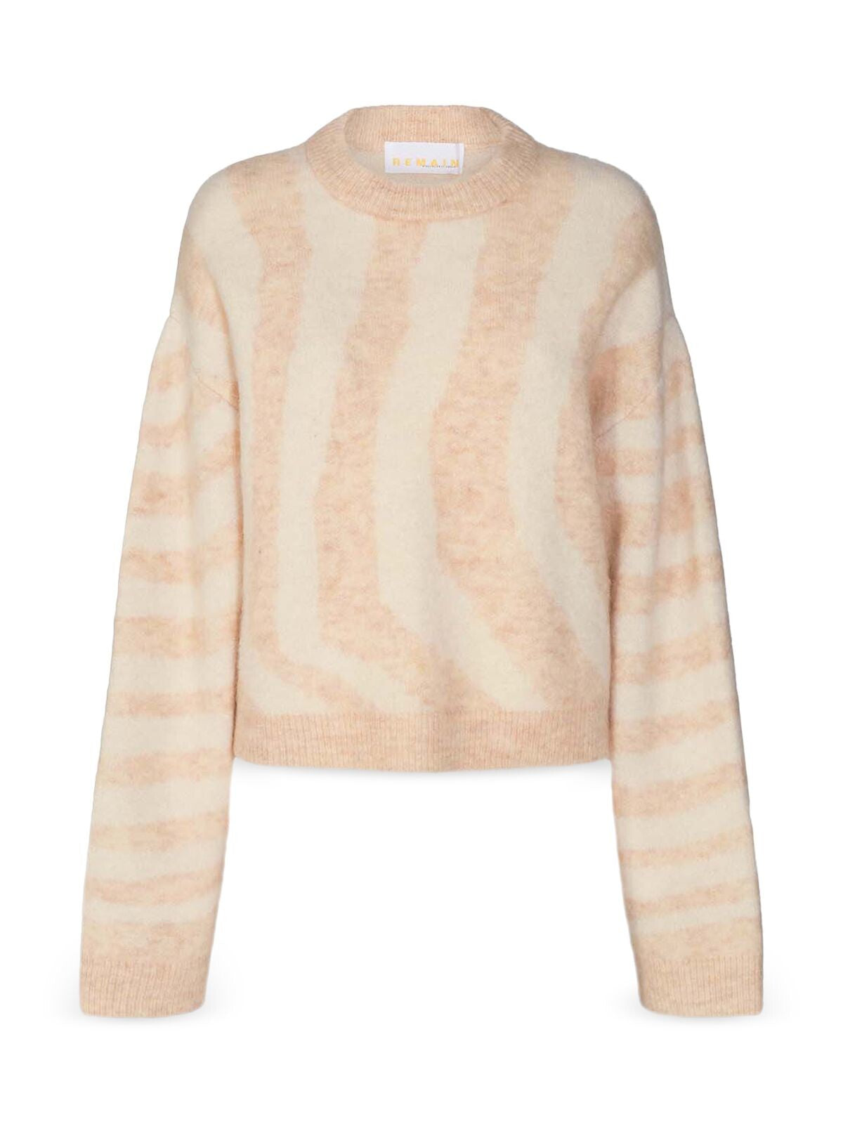 REMAIN Womens Beige Ribbed Mohair Pull-on  Drop Sleeve Striped Long Sleeve Crew Neck Sweater 2