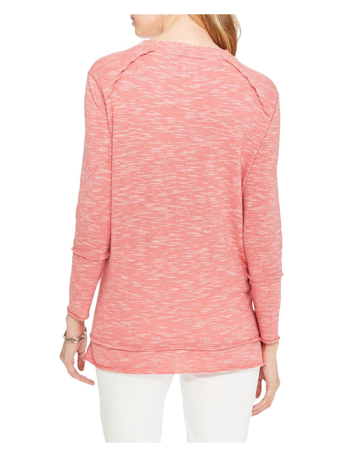 NIC+ZOE Womens Pink Ribbed Distressed Raw Trim Heather Long Sleeve V Neck Hi-Lo Sweater S