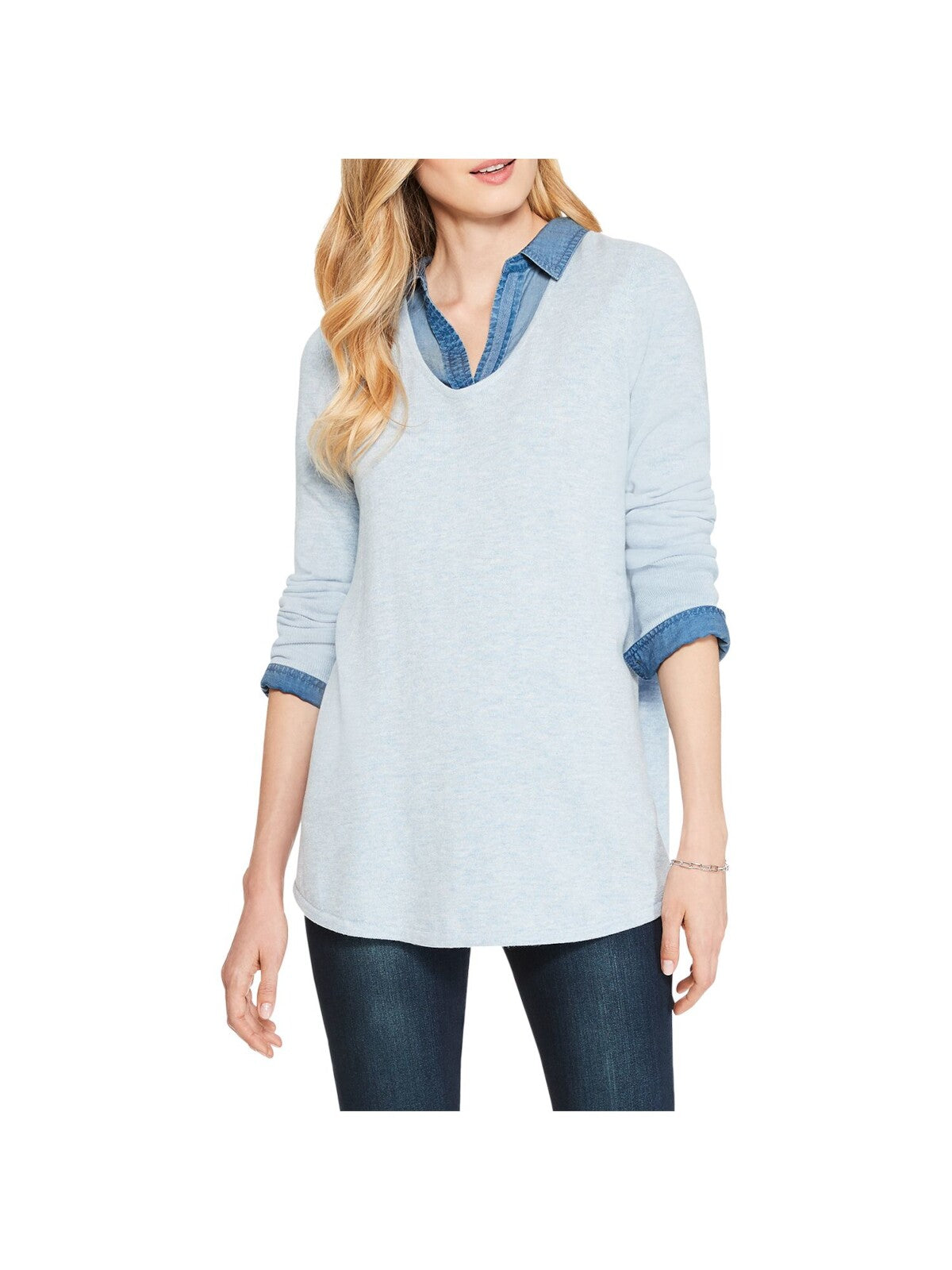 NIC+ZOE Womens Light Blue Ribbed Heather Long Sleeve V Neck Sweater XS