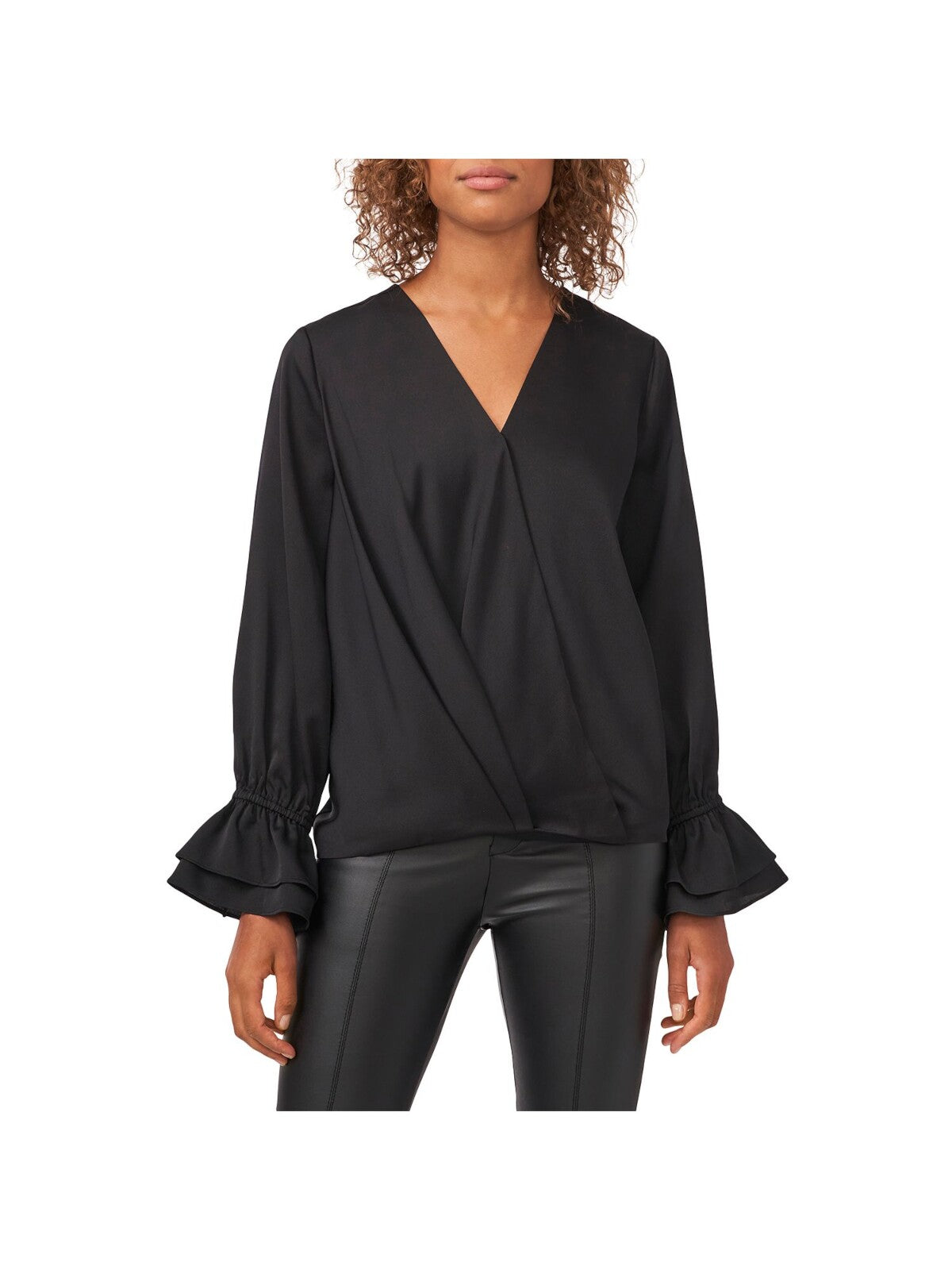 VINCE CAMUTO Womens Black Sheer Ruffled-cuff Long Sleeve Surplice Neckline Wear To Work Faux Wrap Top L